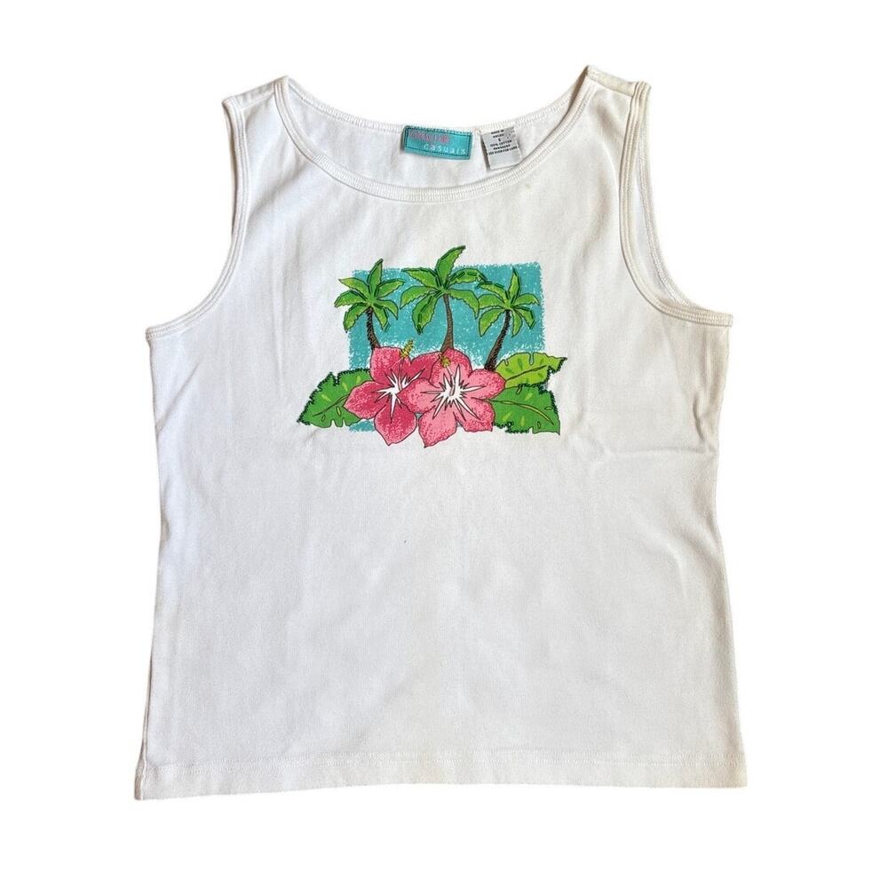 Onque Casual y2k white floral palm tree‎ beaded sleeveless cotton tank SIZE S